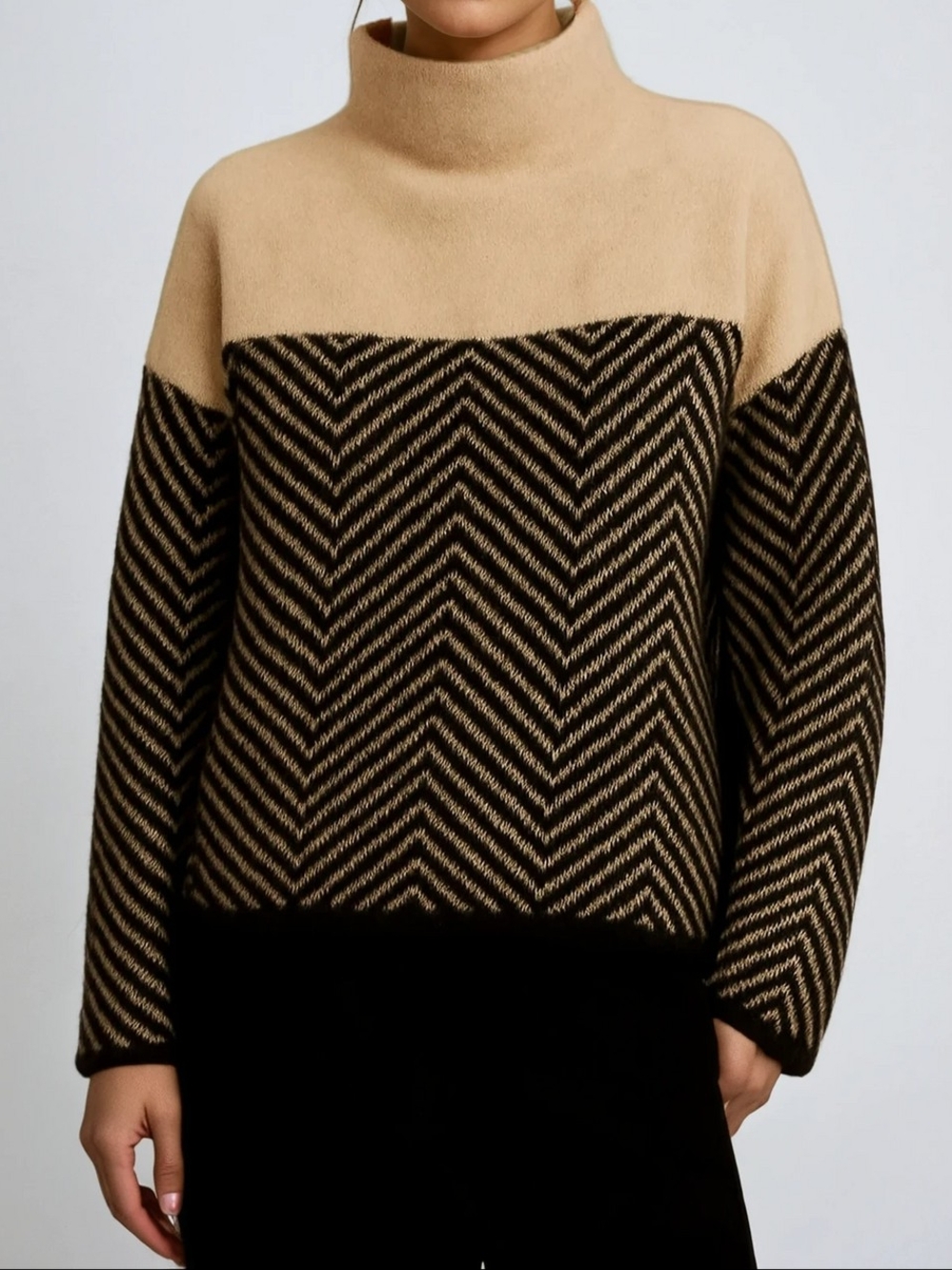 Source Unknown Chevron Knit Turtleneck Sweater - Colour Block Long Sleeve Size S